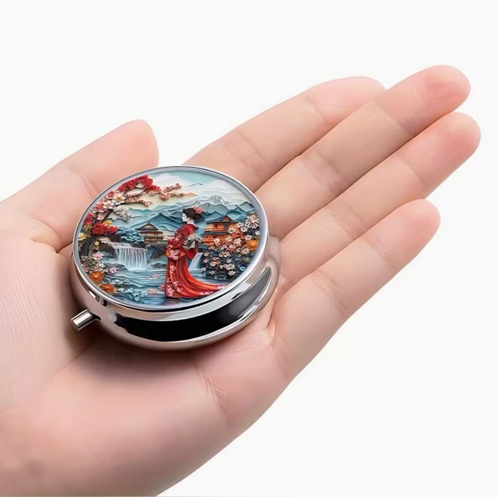 Japanese Geisha Round Pill Organizer 3-Compartment Compact Pill Case New - Picture 7 of 7